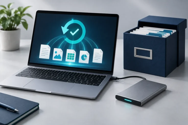 Laptop showing restored files beside an external drive and navy archive box