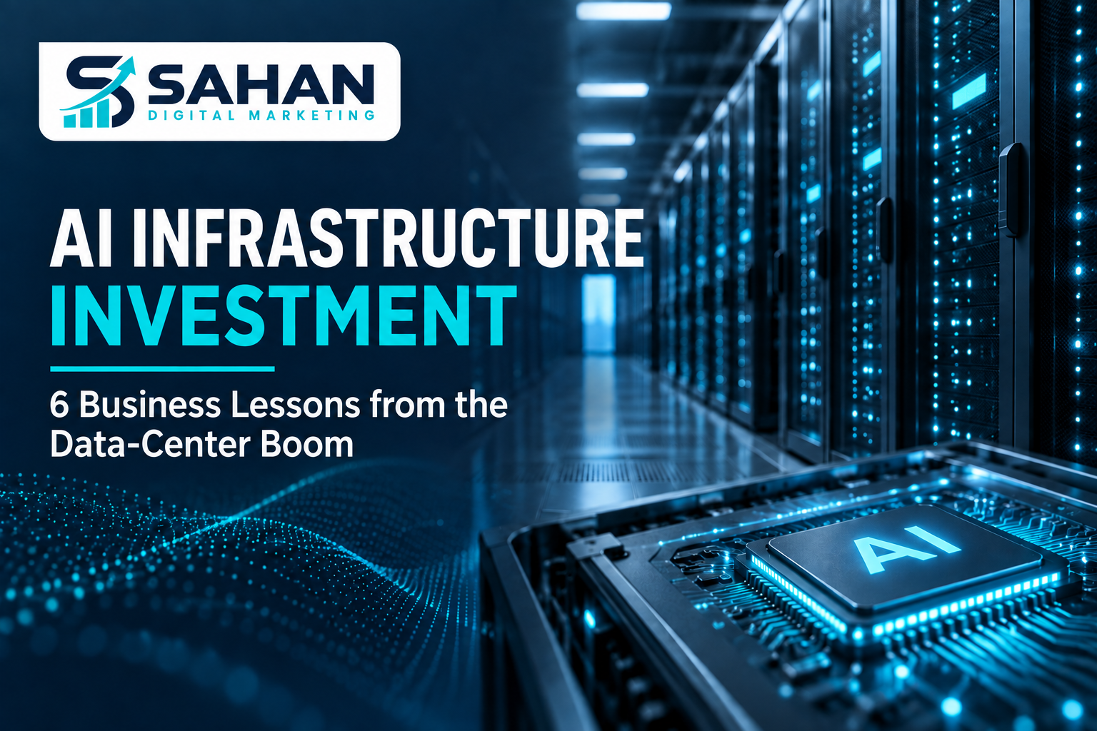 AI infrastructure investment illustration with data-center servers, an AI processor and Sahan Digital Marketing branding.