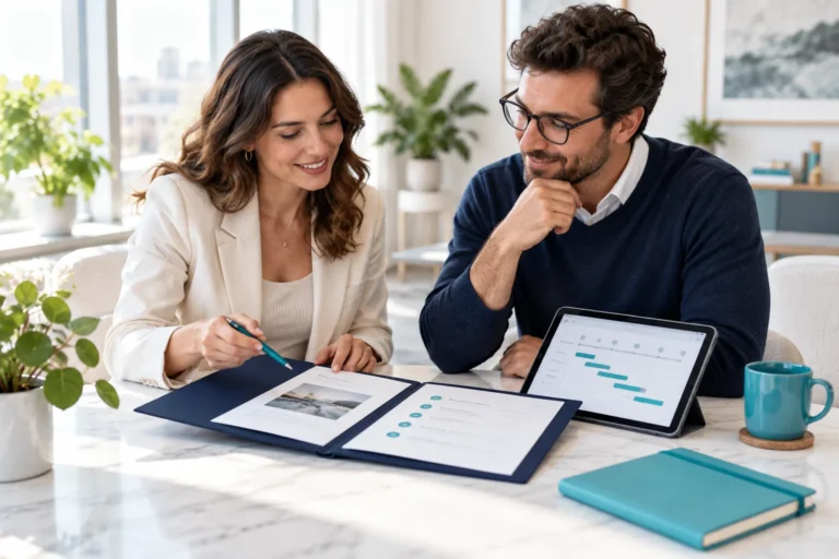Two professionals review a welcome folder and project milestones at a client onboarding meeting