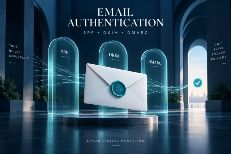 Email authentication concept with an envelope and SPF, DKIM and DMARC verification gates