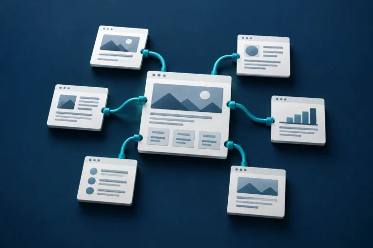 White webpage panels joined by teal connectors illustrate internal linking