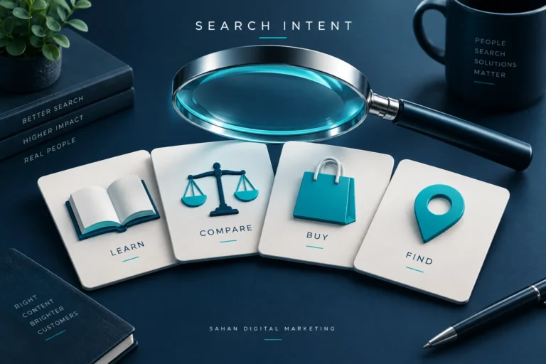 Search intent illustration with a magnifying glass over learn, compare, buy and find cards