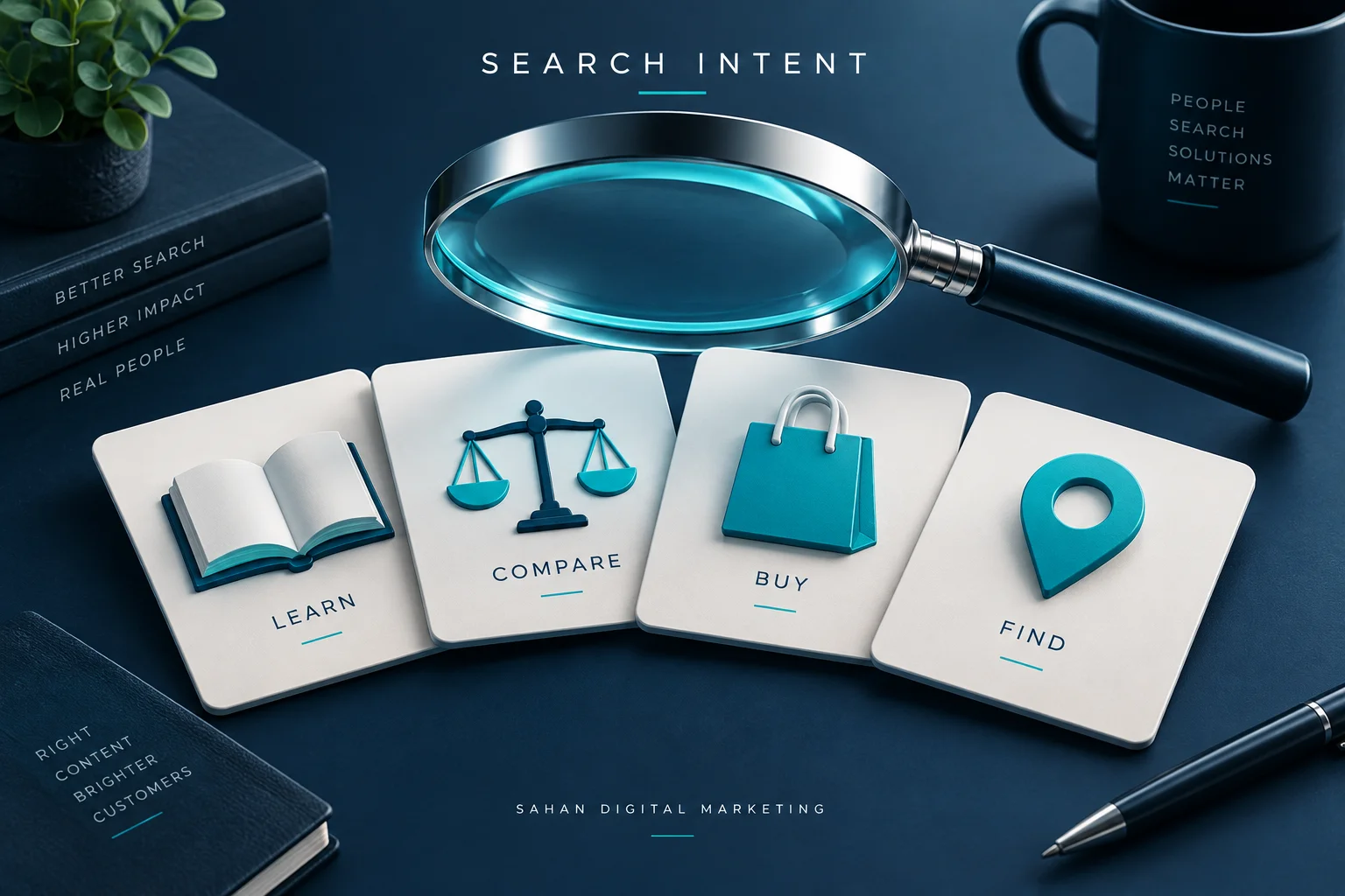 Search intent illustration with a magnifying glass over learn, compare, buy and find cards