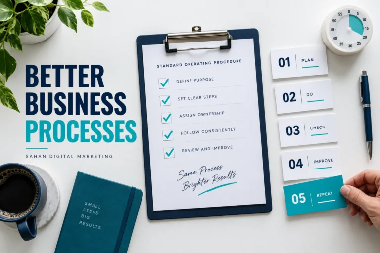 Standard operating procedures clipboard and numbered process cards on a tidy business desk