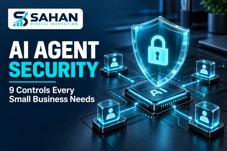 AI agent security illustration showing a shield and padlock protecting an AI processor and connected agents.