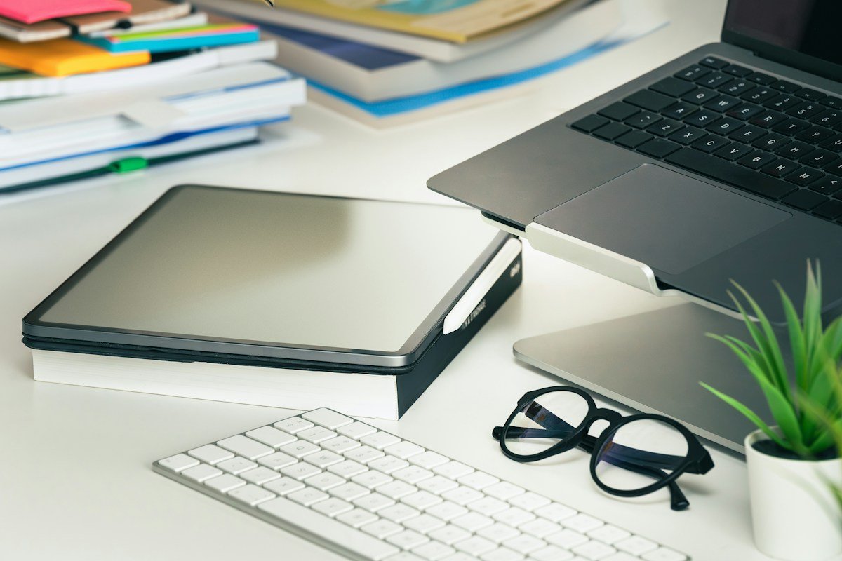 Organized home office workspace illustrating digital document management